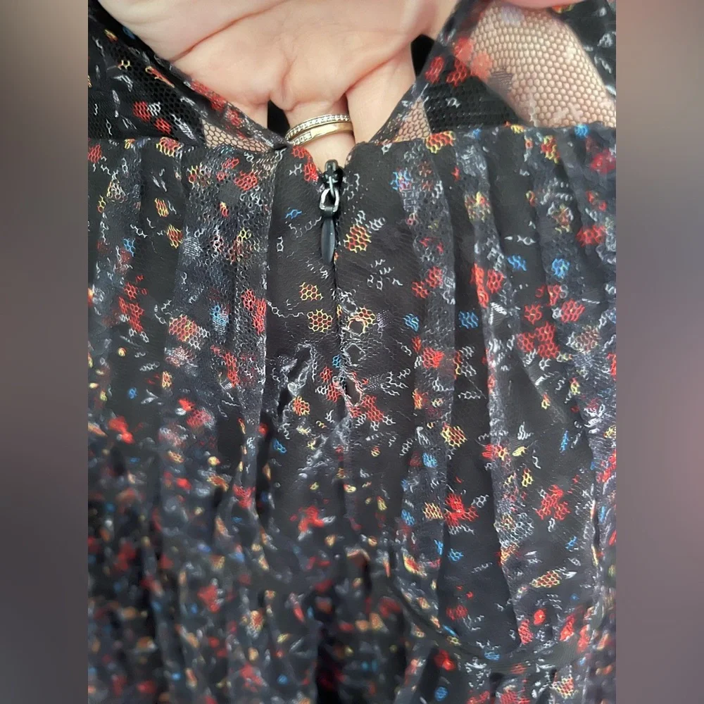 MELLODAY Flutter Sleeve Mesh Maxi Dress In Black Dot Floral New - Picture 11 of 13